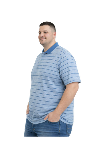 BattalModa Men's Plus Size Melange Aviator Polo Collar Striped Pocket Short Sleeve T-Shirt 3Xl-4Xl-5Xl-6Xl