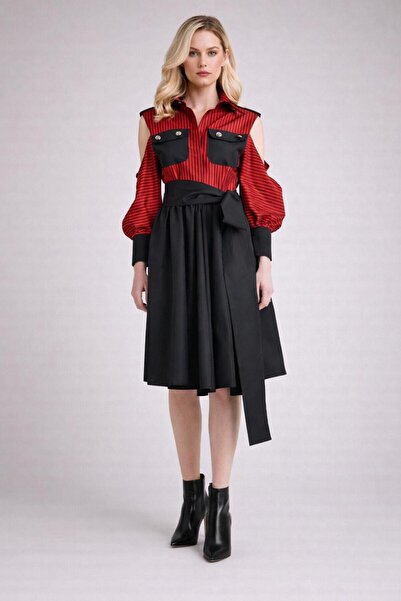 ALYEL NAKER Open Shoulder Detailed Midi Stylish Taffeta Shirt Dress