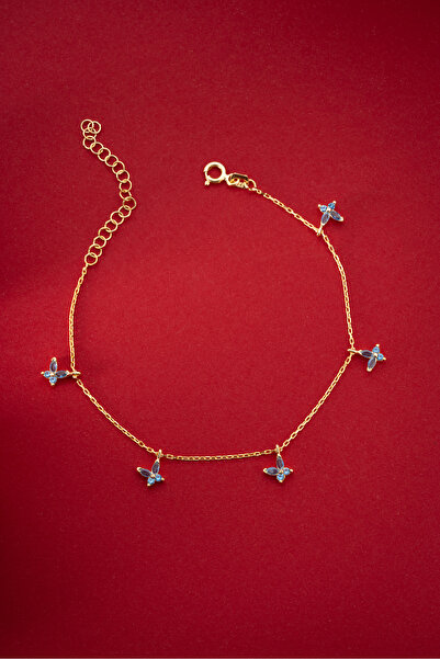 Nereze 925 Ayar Gümüş Gold Kaplama Aquamarin Taşlı Kelebek Şans Bileklik