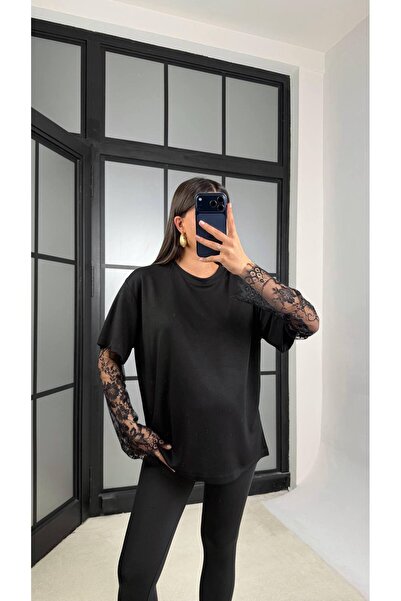 TİENDEROPA Tricou damă basic, cu guler rotund, cu detalii din tulle la mâneci