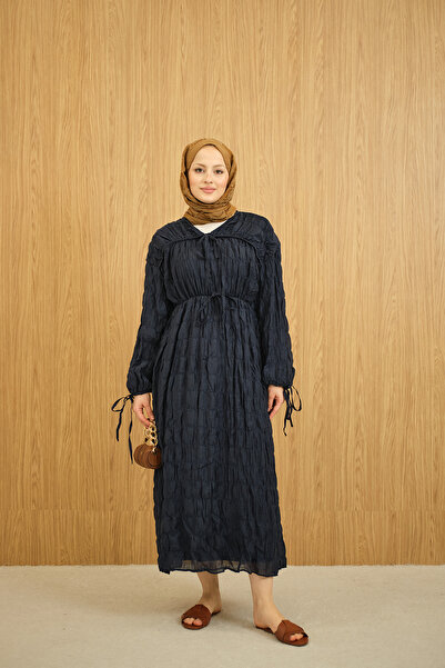 LOCCO Women's Drawstring Detail Lace-Up Dress Navy Blue