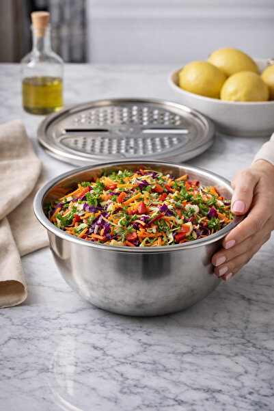 MAKRİ HOME Steel Grater Set with Bowl, 24 cm Diameter, 2.5 L Capacity, 10 cm ...