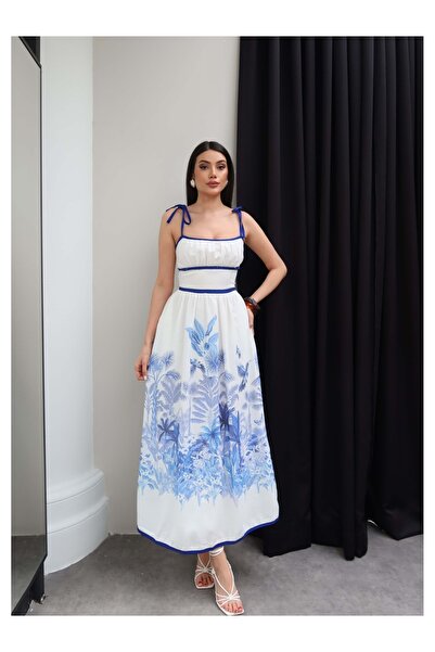 ESRAHELVACI Rochie din in cu model palmier și bretele din șnur