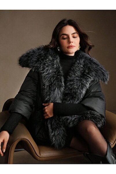 OEM Women's Black Short Thick Jacket with Hood and Faux Fur Collar