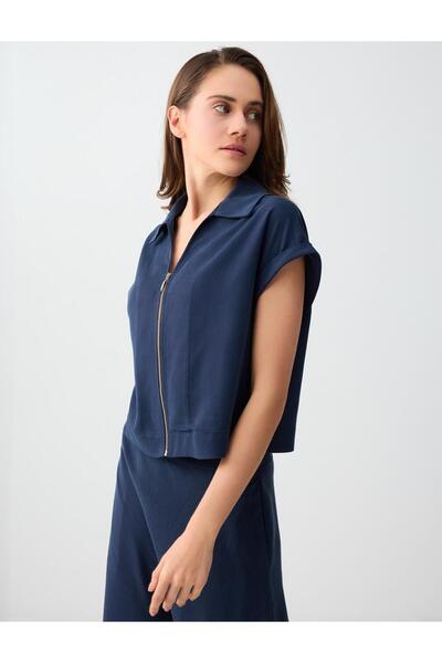 Jimmy Key Μπλούζα με φερμουάρ σε μπλε ναυτικό στυλ και λεπτομέρειες από υφαντ...