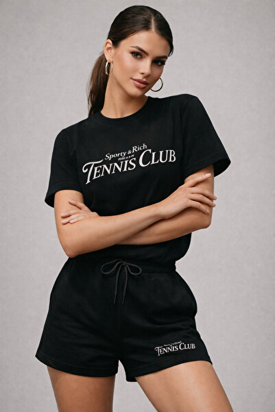 Rich طقم نسائي من قطعتين: تي شيرت رياضي أسود من القطن بأكمام قصيرة وشورت