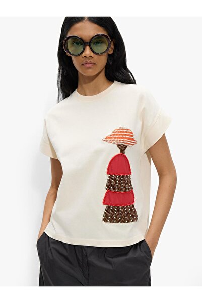 PARFOIS Kadın Boncuk Detaylı Pamuklu T-Shirt