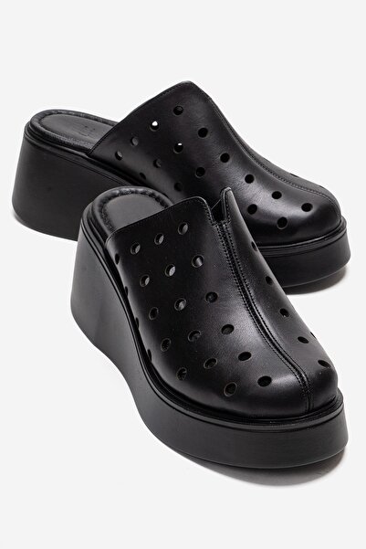 LuviShoes NIVES Μαύρες γυναικείες παντόφλες με τακούνι από γνήσιο δέρμα με δι...