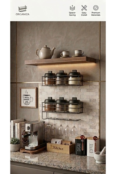 Patulya Aksesuar Black 6-Piece Glass Jar and Spice Rack Set with Adhesive Met...