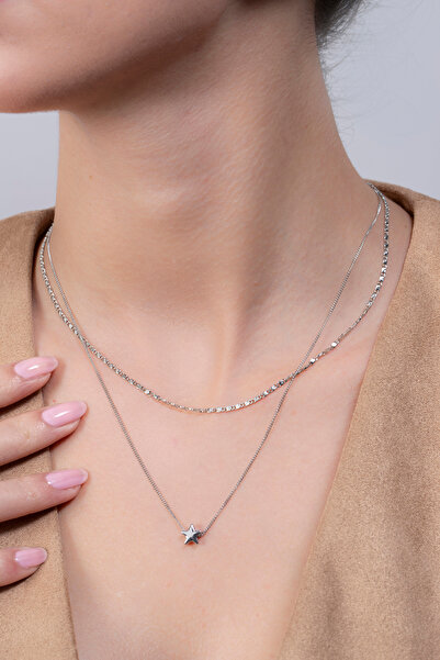 Elika Silver Kadın Minimal Yıldız Model Çoklu Zincir Kolye