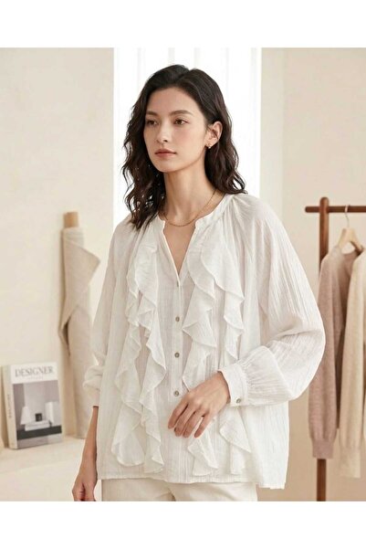 Butik Şans Women's Oversize Viscose Shirt with Ruffle Detail