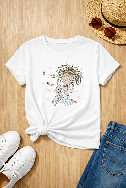 MYADA تي شيرت Best Friend Meow Meow مطبوع 100% قطن فاخر 27016