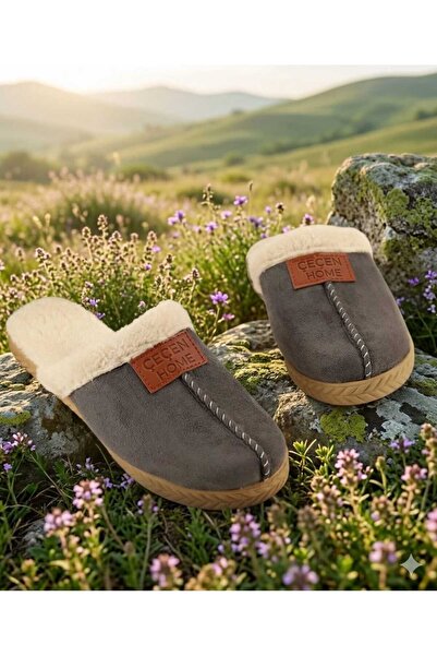 ÇEÇEN HOME Anthracite Gray Plush House Slippers Fluffy Silent Sole Women's Cl...