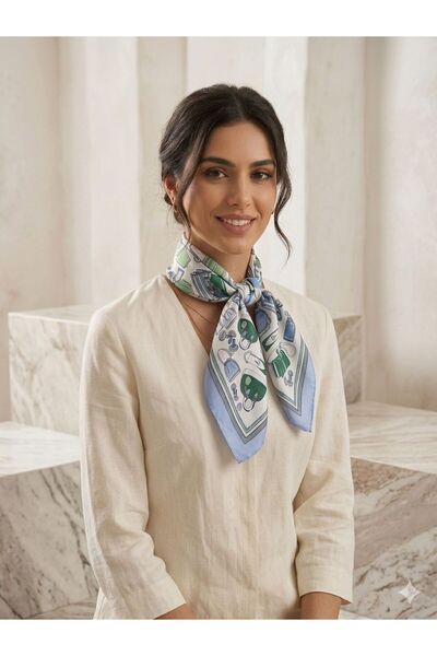 MAESTRO WOMAN Γυναικείο μπλε αξεσουάρ με μοτίβο, μεταξωτό σατέν φουλάρι 70x70