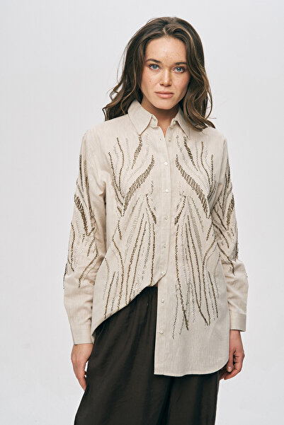 Orfeo Negro Women's Vertical Wave Bead Embroidered Oversize Shirt