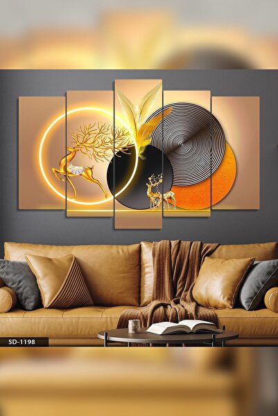 Evinemoda Gold Geyik Yuvarlak Desenler 5 Parçalı Mdf Tablo