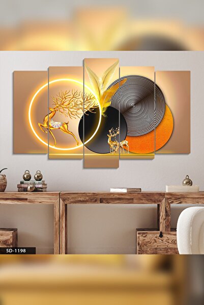 Evinemoda Gold Geyik Yuvarlak Desenler 5 Parçalı Mdf Tablo