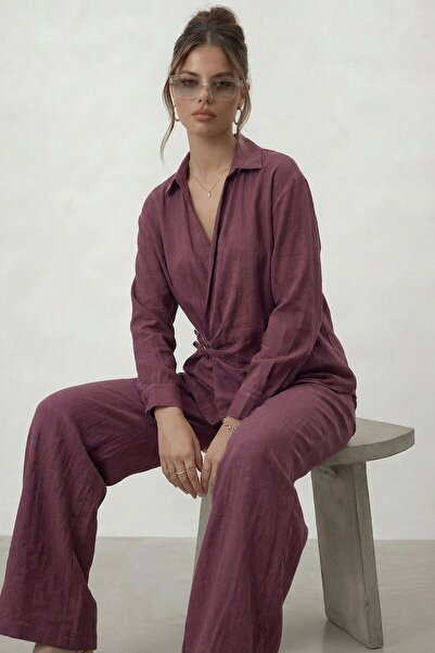 VAGGON Double-Breasted Cut-Out Tie-Up Blouse and Trousers Set