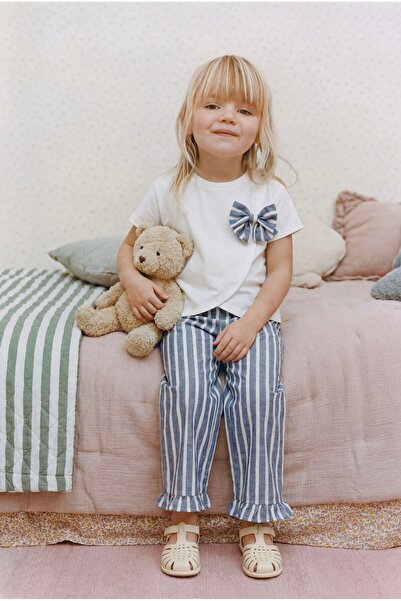 Magu Girl's Cotton White Bow Detail T-Shirt and Pants Set - Gray Striped