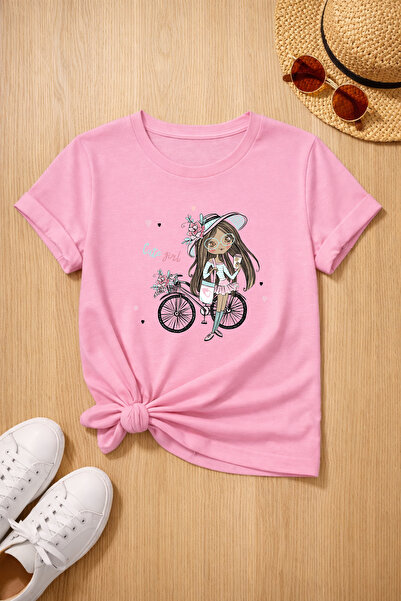 MYADA Tricou pentru copii, imprimat cu o fată pe bicicletă, 100% bumbac premi...