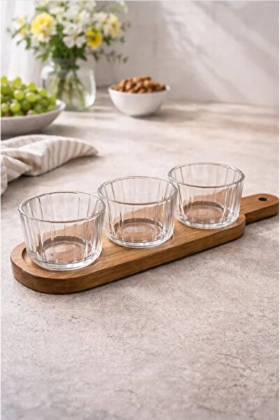 LeylArt Acacia Base Glass Bowl Set of 3 – Transparent Glass, Stylish Presenta...