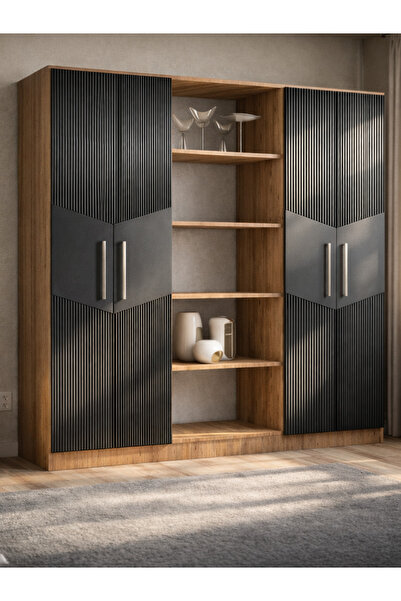 MOBİLİQUE Karbon No.6 Dört Kapaklı 6Raflı Gardırop Çam-Antrasit