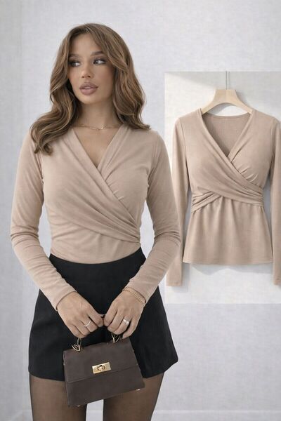 peri tower منتج جديد بلوزة نسائية بأكمام طويلة وتفاصيل متقاطعة من الأمام وياق...