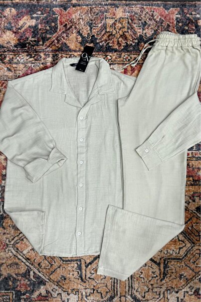 CAST COLLECTİON Men's Beige Muslin Linen Blend Shirt & Beige Muslin Linen Tro...