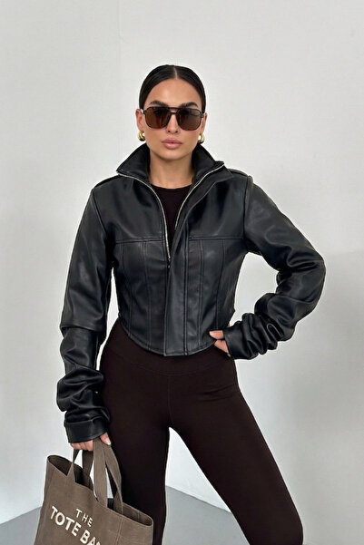 spirituel Women's Faux Leather Jacket with Cropped Zippers, Long Sleeves, Fit...