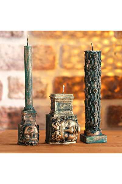 TRENDSHOPİC Medusa Antik Heykel Mum Serisi - 3'lü Dekoratif Mum Seti - Eskitm...