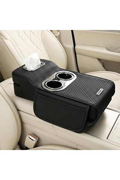 AutoFamily Car Armrest Heightening Pad with Cup Holder & Tissue Box(Black)
