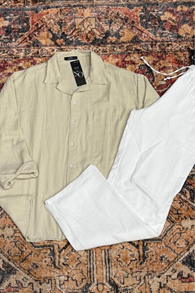 CAST COLLECTİON Men's Beige Muslin Linen Blend Shirt & White Muslin Linen Tro...
