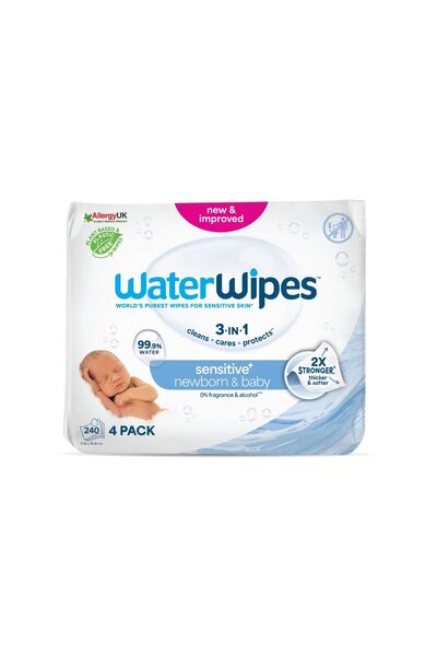 WaterWipes ΝΕΑ Sensitive+, Πακέτο Προσφοράς 4x60 Μαντηλάκια (240 wipes)-99.9%...