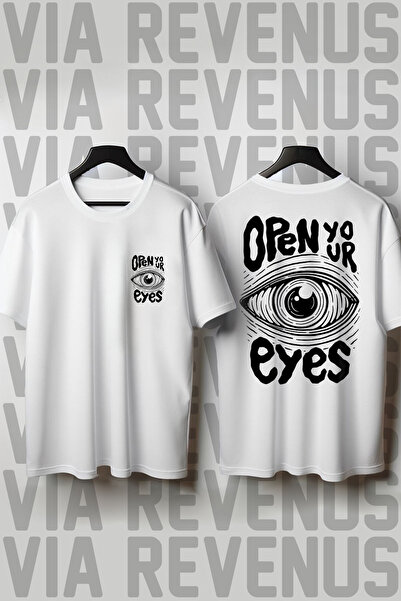 Vordevia Tricou unisex cu imprimeu Open Your Eyes, cu gât rotund, croială lej...
