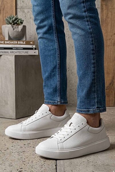 Lufian Men's White Genuine Leather Sneaker - Minimalist Thick-Soled Casual Shoes