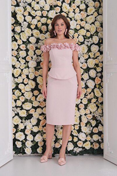 SpringStore Pudra Yakası Çiçekli Midi Boy Abiye