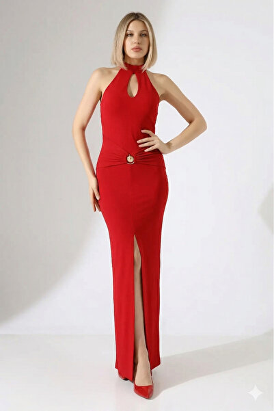 Planet Prestige Red Slit Evening Dress Gold Buckle Fish Cut Long Engagement W...