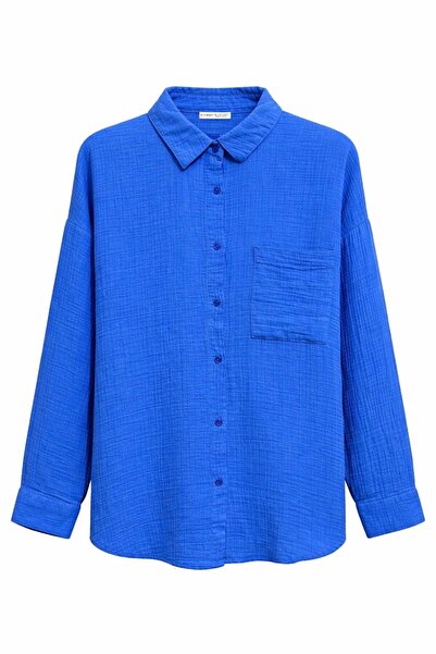 Mixray 3833 Γυναικείο πουκάμισο μουσελίνας μεγάλου μεγέθους με τσέπες Saks Blue