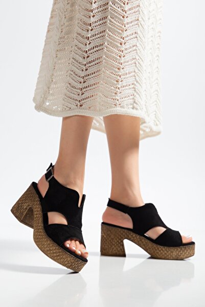 BAHRİNA Women's Black Suede Sandals