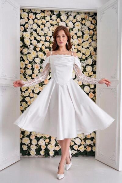 SpringStore Ekru Kolu Dantelli Kısa Saten Abiye