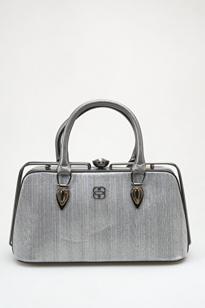 FEMME Geantă de mână gri pentru femei, carcasă rigidă, cu detalii aurii, pent...