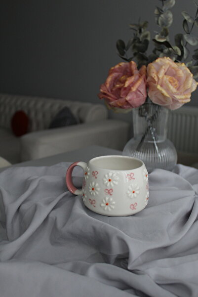 Inspire Ceramic Papatya ve Fiyonk Desenli El Yapımı Seramik Kupa – Fincan