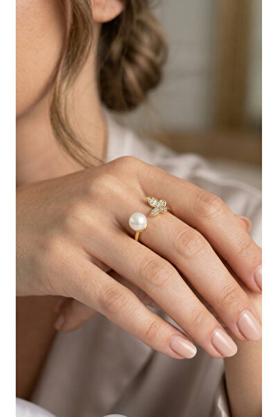Lisinya Butterfly Pearl Model Gold Color Zircon Stone Women's Ring -