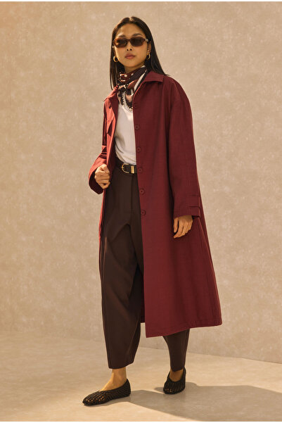 HEQA Trenci lung cu un singur buzunar, roșu claret