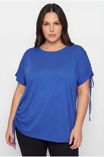 Ebsumu Women's Plus Size Blue Blouse with Drawstring Detail