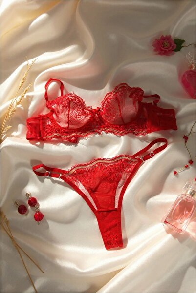 Tarzınbu Women's Fire Red Embroidered Lace Lingerie Set