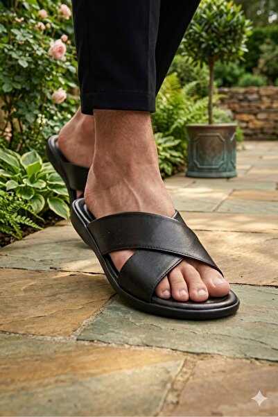 Didaly Men's Black Leather Cross-Strapped Anatomical Sole Casual Slippers