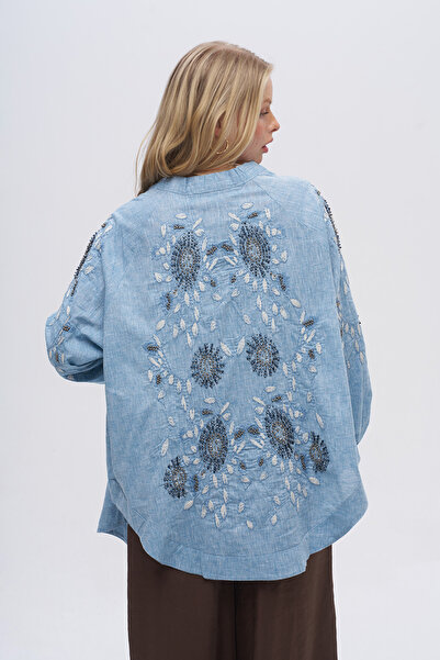 Orfeo Negro Women's Oversized Kimono with Floral Embroidery and Stone Embelli...