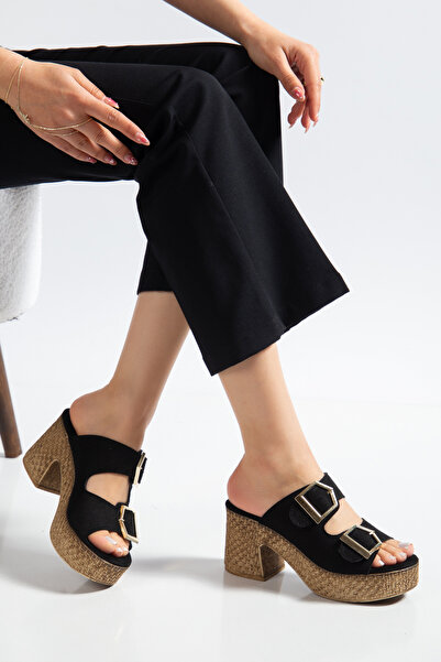 BAHRİNA Жіночі чорні замшеві капці на високих підборах з подвійною пряжкою