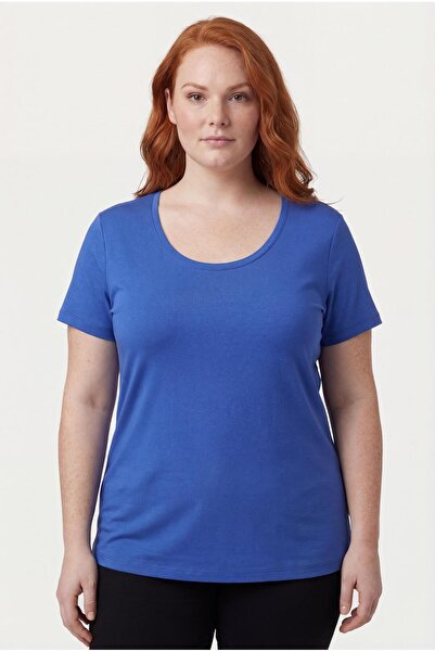 Ebsumu Women's Plus Size Wide U-Neck Breathable Fabric Blue Blouse